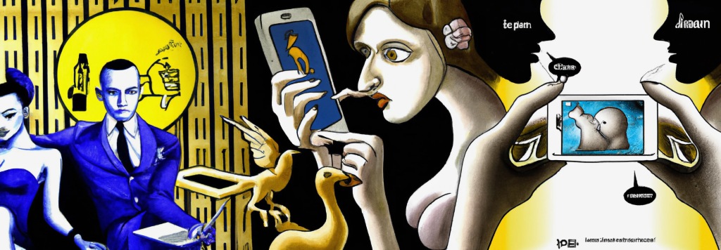 Zeichne mir im Stil von Tamara de Lempicka ein Bild zum Thema Social Media, Twitter, Facebook, Instagram und besonders Mastodon.