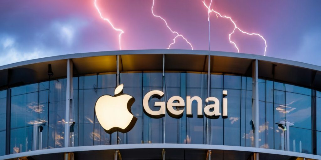 The text "GenAI" on a billboard in front of Apple Park in Cupertino with lightning and thunder over the building